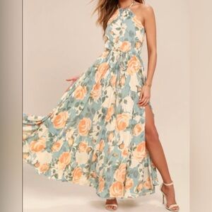 LULU'S “Precious Memories” Light Blue+Coral Floral Gown Maxi Dress, Side Slit XS